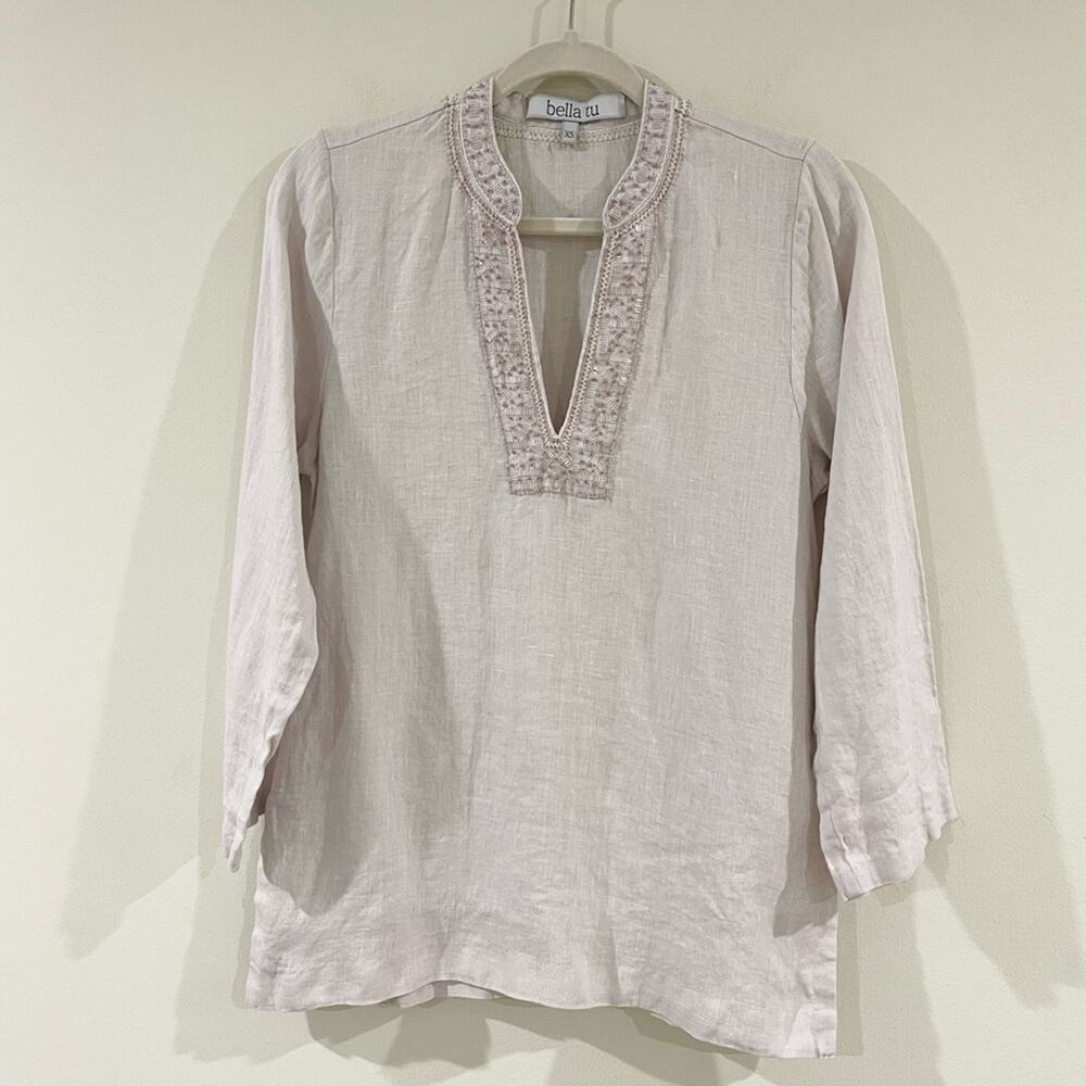 Bella Tu Women's Linen Soft Lavender Tunic Top Embroidered and Beaded Neck Line